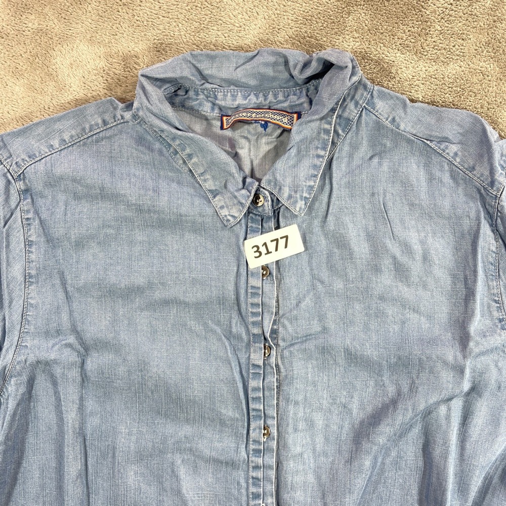 Hester & Orchard Button Down Shirt Womens 1X Blue Short Sleeve Tencel Denim Look